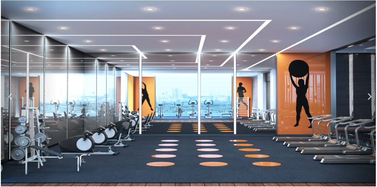 Skyline gym with treadmills and orange accent wall
