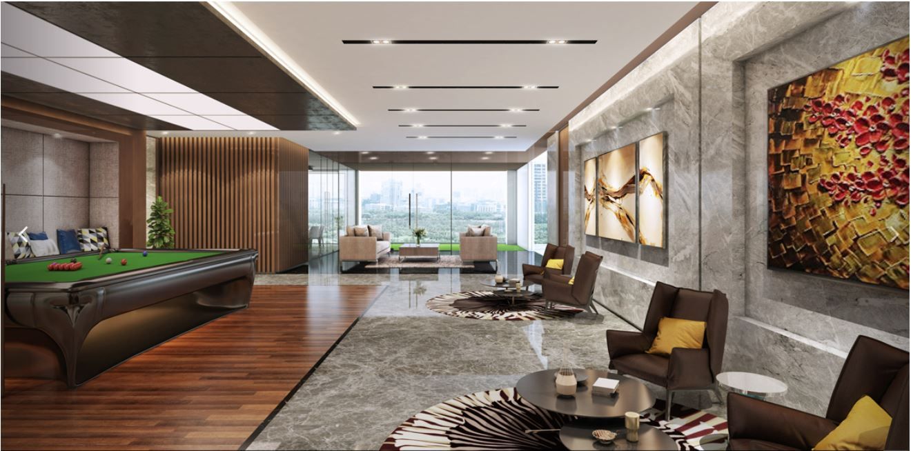 Member lounge with billiards table and curated art wall