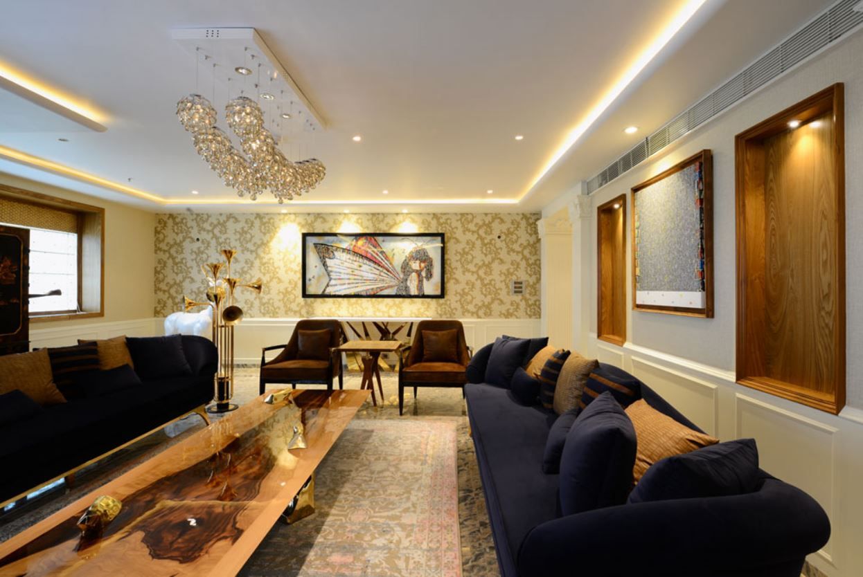 Second living room with patterned wallpaper and inset wood panels